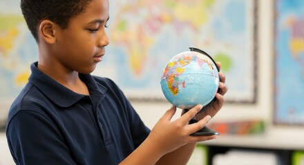 Young boy holding globe, maps in background, geography learning concept