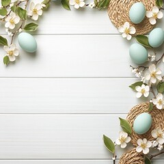 Pastel Eggs Blossoms and Woven Mats on White Wood