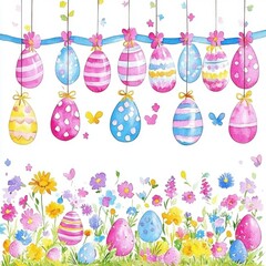 Naklejka premium Festive Watercolor Easter Eggs and Flowers Design