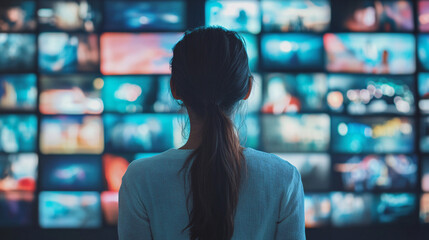 a woman watching multiple screens displaying blue-toned images in a dark control room

