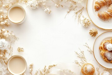 Xícara de café elegante com detalhes dourados, acompanhada de doces e decorações festivas em fundo branco, criada com IA generativa para um visual sofisticado e convidativo