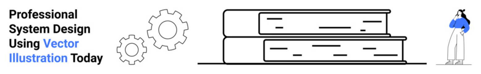 Two stacked books, gears symbolizing process, and a character in contemplation. Ideal for education, innovation, productivity, planning, professional growth, automation creative strategies flat