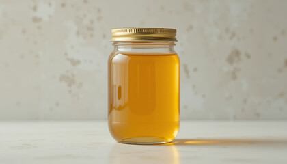 Clear Glass Jar Mockup with Golden Lid Filled with Amber Liquid