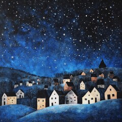 Winter night landscape with houses and snowflakes. Digital painting.