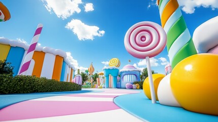 Candy Cane Lane Amusement Park - Whimsical Candyland-themed amusement park section, showcasing oversized candy, vibrant colors, and playful pathways. Symbolizes joy, imagination, sweetness, fun