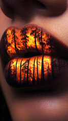 A close-up of lips with a forest fire painted on them, and the flames glow in dark tones
