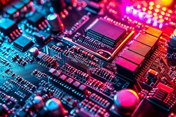 Obraz premium Circuit board rendering with vibrant colors and futuristic server visuals
