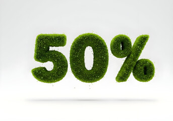 3D floating '50%' text covered in lush green moss, with tiny water droplets, floating above a white background, natural lighting create with ai