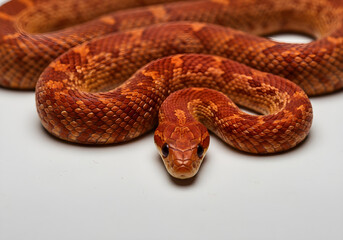 Obraz premium A juvenile corn snake with bright orange and red markings, posed on a seamless white background, soft, diffused lighting create with ai