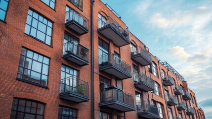 Obraz premium Modern Brick Apartment Building with Balconies Against Blue Sky