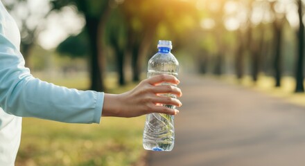 Person holding plastic water bottle outdoors on sunny day