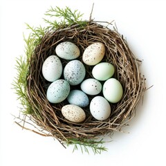 Obraz premium Pastel speckled eggs in a birds nest with greenery