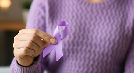 Person holding purple awareness ribbon, supporting cause
