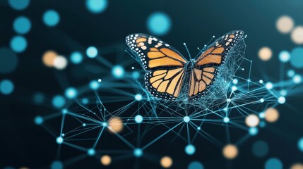 Monarch butterfly delicately integrated into a futuristic network of light dots and lines, symbolizing nature and technology interconnection