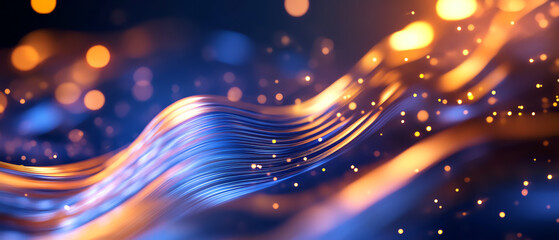 A vibrant abstract background featuring smooth flowing lines and glowing particles