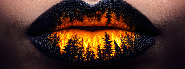 A close-up of lips with a forest fire painted on them, and the flames glow in dark tones
