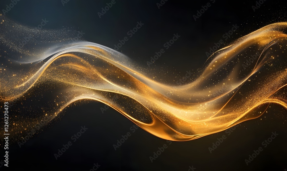 Poster golden shimmering abstract flowing wave design with sparkling particles on dark backdrop