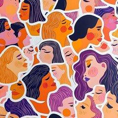 Diverse women's faces, profile view, colorful illustration, sticker sheet, female empowerment