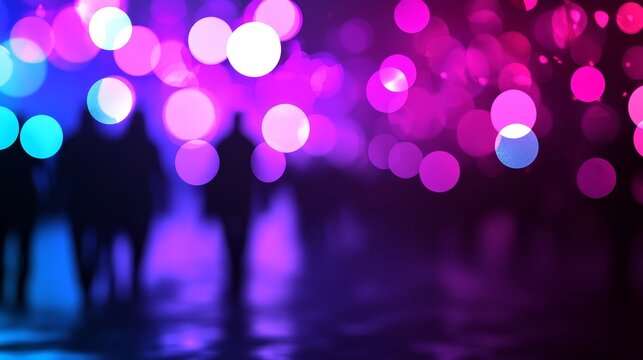 City Night Lights Bokeh - Silhouetted figures walking through a city at night, surrounded by vibrant bokeh lights