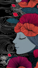 Serene woman, floral headdress, ocean waves background, artistic illustration, suitable for meditation or wellness themes