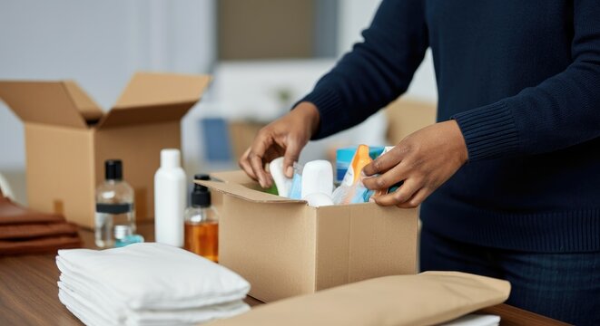 Person packing toiletries and essentials in cardboard box