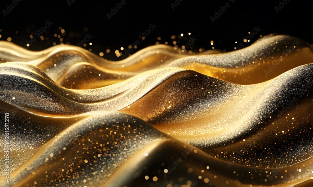 Poster golden wavy abstract background with sparkling glitter in a dark space and light bokeh