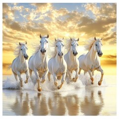 White horses galloping in the water on a background of beautiful sunset