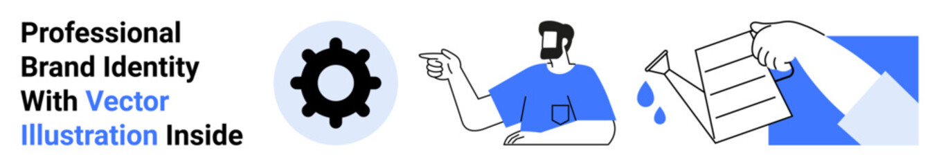 Gear icon, man pointing, and a hand holding a paper document with drops. Ideal for branding, identity, teamwork, strategy, creativity, innovation marketing flat landing page banner