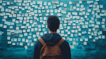 Man wearing a backpack standing in front of a wall covered with sticky notes representing brainstorming planning and organization  
