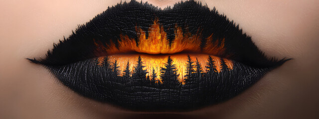 A close-up of lips with a forest fire painted on them, and the flames glow in dark tones
