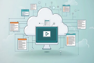 Cloud computing and data management concepts, showcasing document transfer, data centers, and business analysis within the IT system