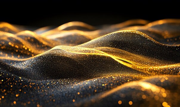 Abstract golden waves with sparkling particles on a dark background creating a dreamy effect