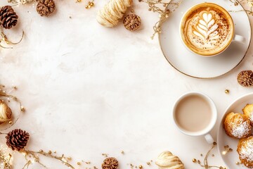 Xícara de café elegante com detalhes dourados, acompanhada de doces e decorações festivas em fundo branco, criada com IA generativa para um visual sofisticado e convidativo