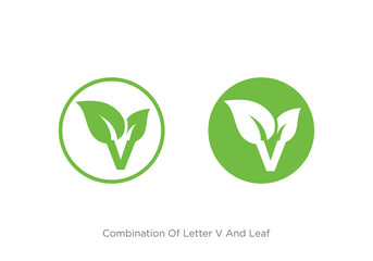 Vector design for vegetarian with initial letter V with green leaf combination