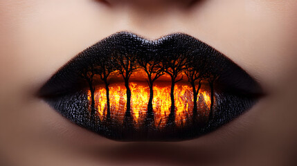 A close-up of lips with a forest fire painted on them, and the flames glow in dark tones
