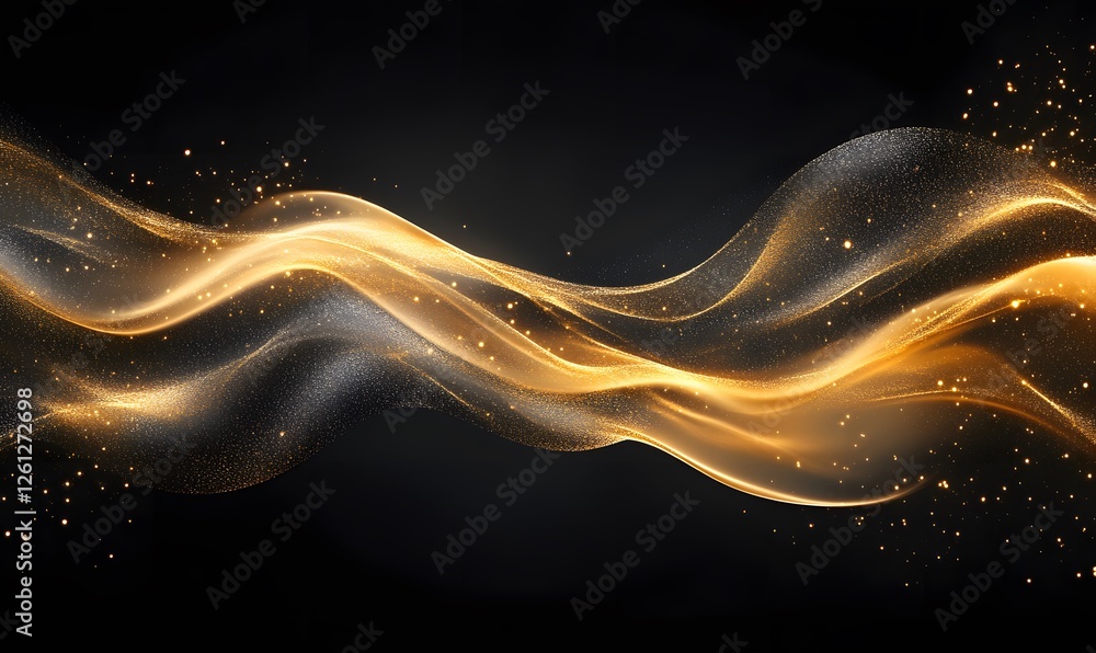 Poster golden ethereal flowing waves with sparkling particles against a dark background