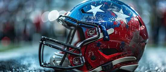 Close-up of American football head gear on a diffused background, super bowl concept