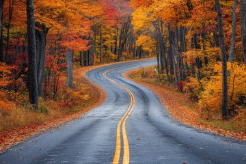 Fototapeta premium Winding autumn road through vibrant forest (2)