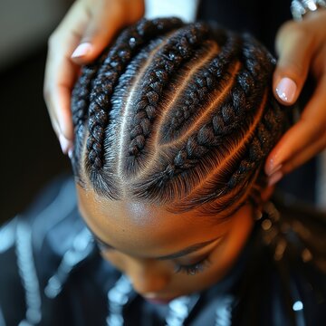 Close-up of a woman getting her hair braided in intricate cornrows