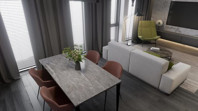 Luxurious open plan studio apartment with modern furnishings. 3d render