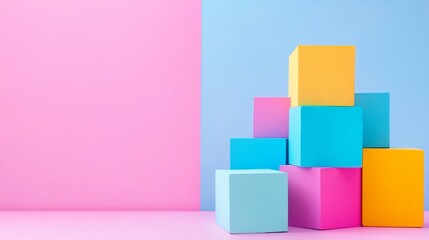 Fototapeta premium Colorful Cubes on Pastel Background - Stack of vibrant pastel colored cubes against a pink and blue background. Perfect for product displays or modern design