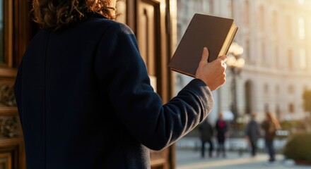Woman holding book outdoors, cityscape background, literary concept