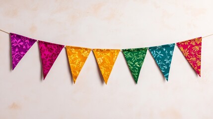 Fototapeta premium Colorful Floral Bunting Banner for Festive Decoration - Vibrant triangular flags, floral patterns, festive celebration, joyful mood, summer party
