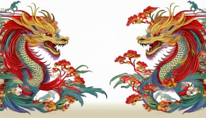 Fototapeta premium border frame of dragons and phoenix seamless pattern of classical chinese art background with copy space