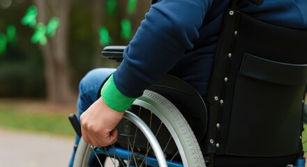 Obraz premium Close-up of person in wheelchair with green bracelet outdoors