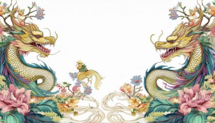 Obraz premium border frame of dragons and phoenix seamless pattern of classical chinese art background with copy space