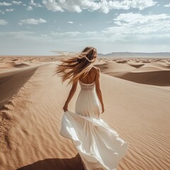 Beautiful girl in white dress walking in the desert on a sunny day