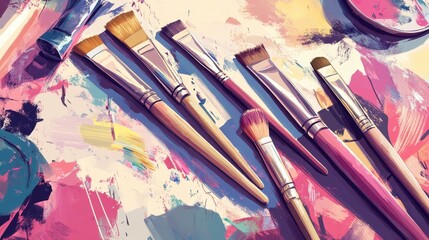 Fototapeta premium Tubes of oil paint, brushes and palette. Closed tubes of paint. Items for drawing. Vector illustration in flat style.