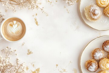 Obraz premium Xícara de café elegante com detalhes dourados, acompanhada de doces e decorações festivas em fundo branco, criada com IA generativa para um visual sofisticado e convidativo