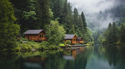 Fototapeta premium Cabins and forest by river